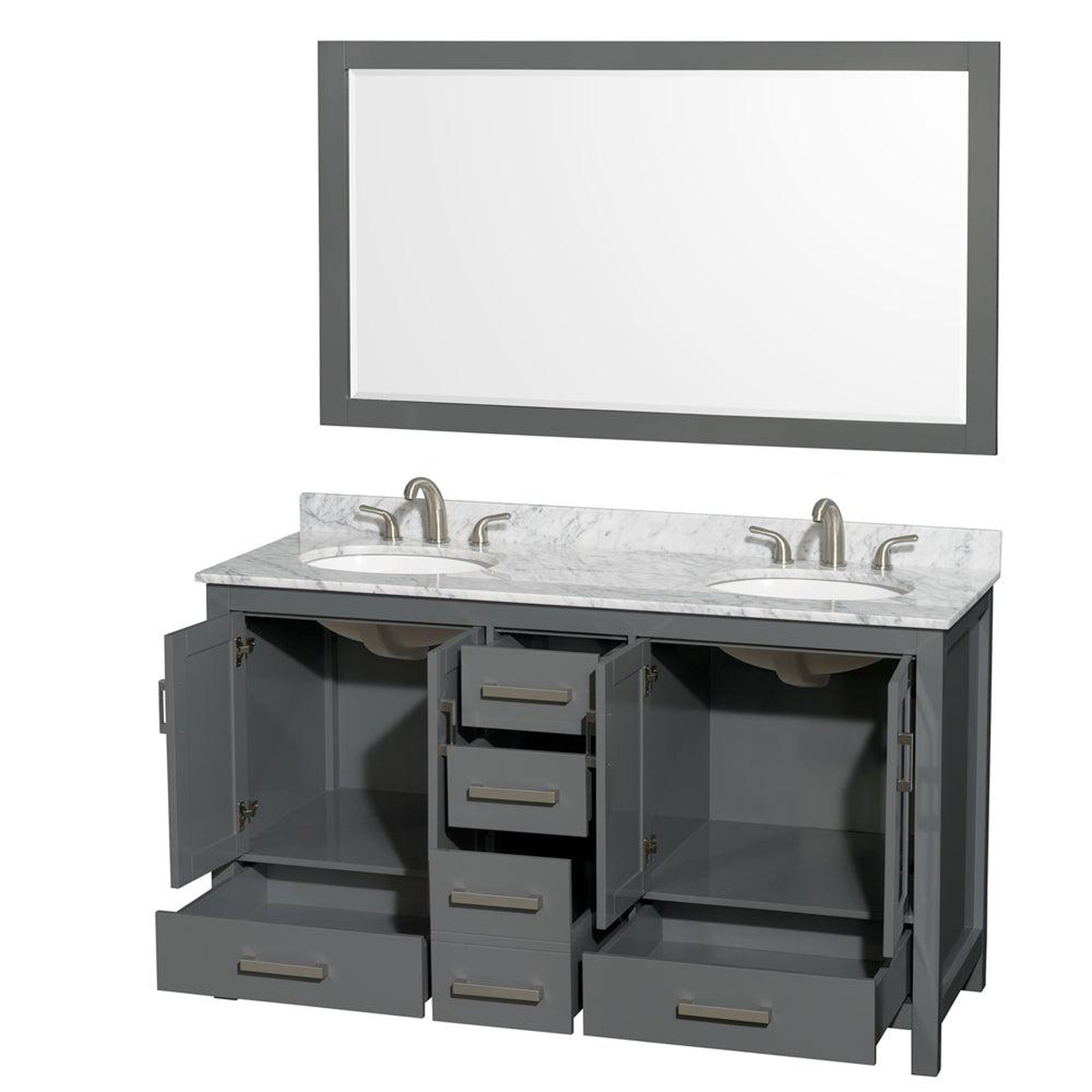 Wyndham Collection Sheffield 60" Double Bathroom Vanity in Dark Gray, White Carrara Marble Countertop, Undermount Oval Sinks, and 58" Mirror
