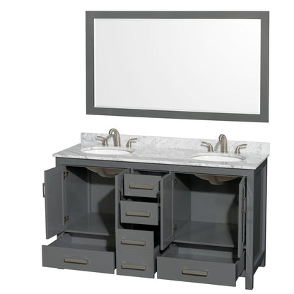 Wyndham Collection Sheffield 60" Double Bathroom Vanity in Dark Gray, White Carrara Marble Countertop, Undermount Oval Sinks, and 58" Mirror
