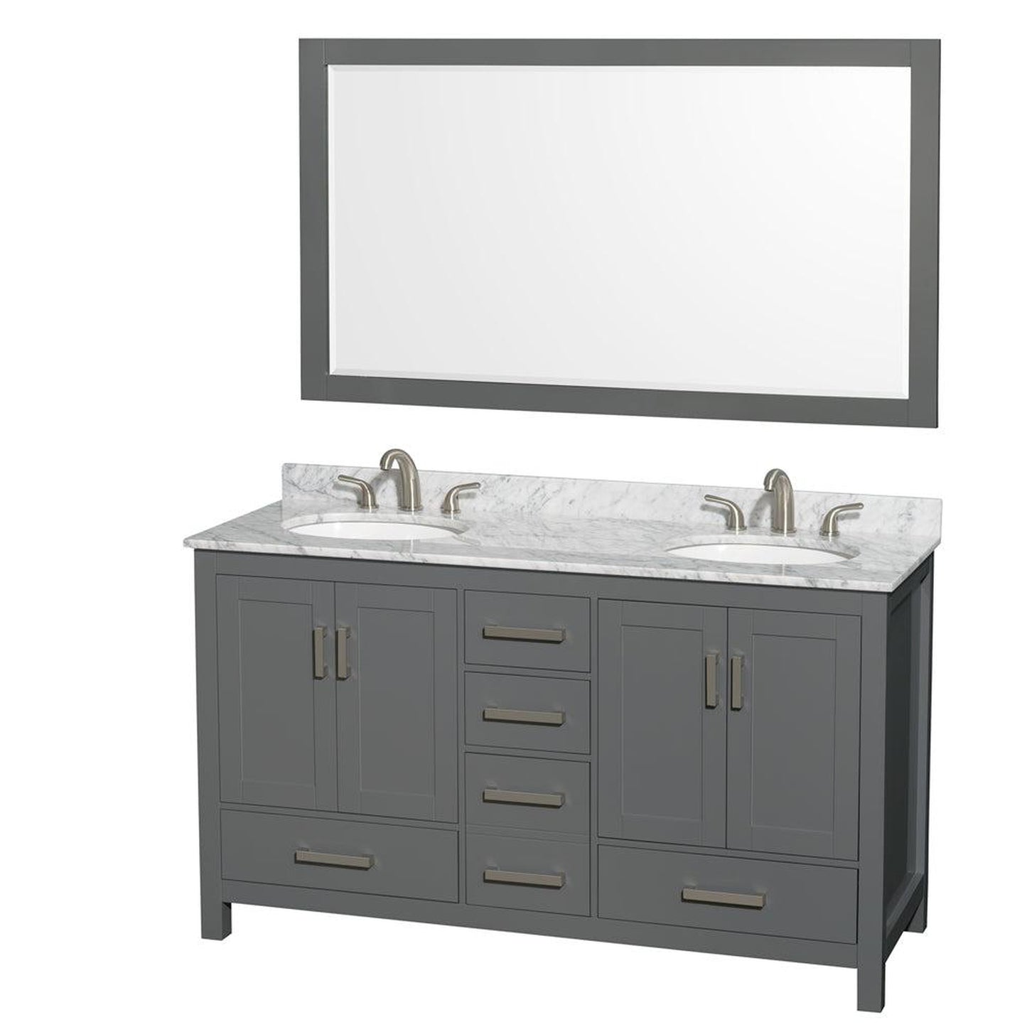 Wyndham Collection Sheffield 60" Double Bathroom Vanity in Dark Gray, White Carrara Marble Countertop, Undermount Oval Sinks, and 58" Mirror