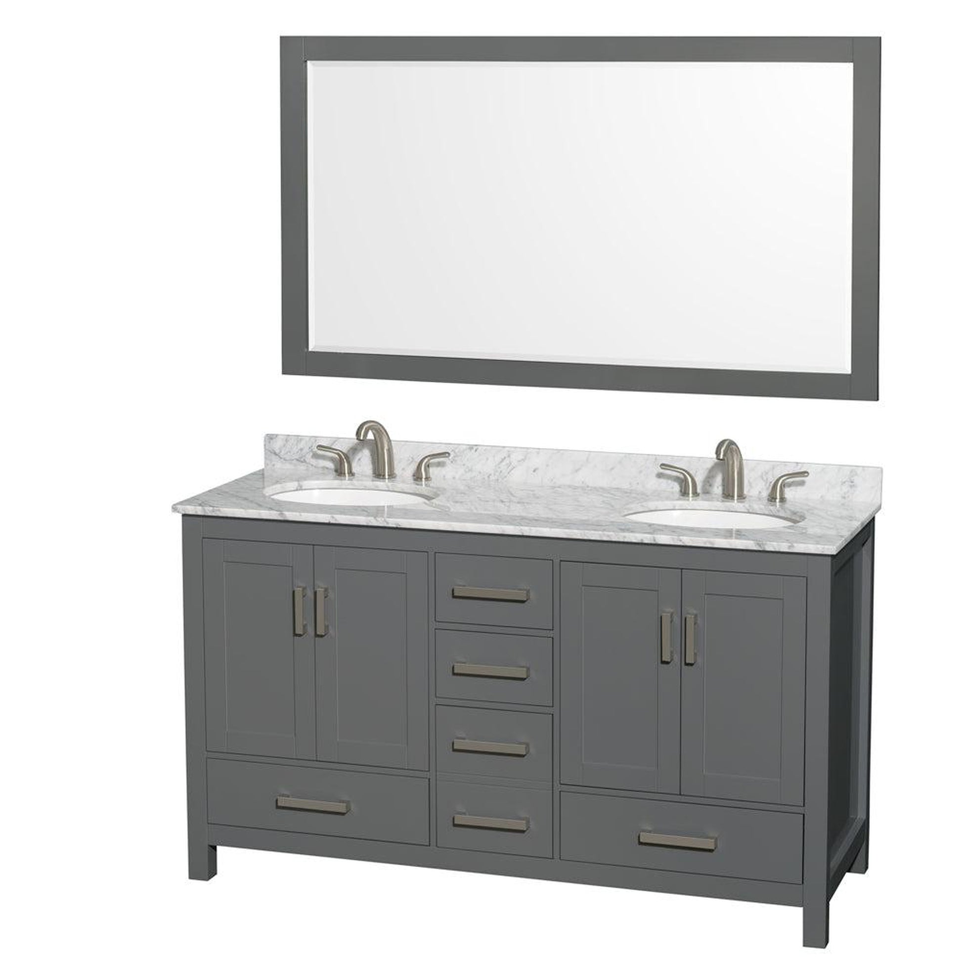 Wyndham Collection Sheffield 60" Double Bathroom Vanity in Dark Gray, White Carrara Marble Countertop, Undermount Oval Sinks, and 58" Mirror