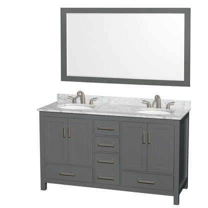 Wyndham Collection Sheffield 60" Double Bathroom Vanity in Dark Gray, White Carrara Marble Countertop, Undermount Oval Sinks, and 58" Mirror