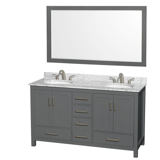 Wyndham Collection Sheffield 60" Double Bathroom Vanity in Dark Gray, White Carrara Marble Countertop, Undermount Oval Sinks, and 58" Mirror