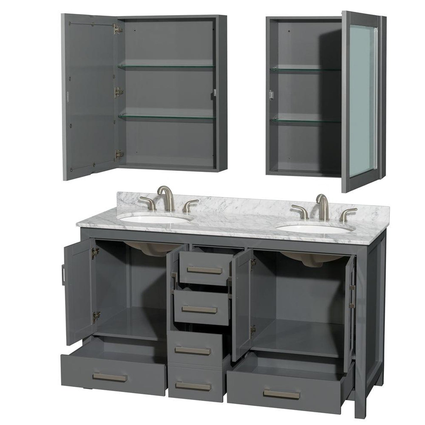 Wyndham Collection Sheffield 60" Double Bathroom Vanity in Dark Gray, White Carrara Marble Countertop, Undermount Oval Sinks, and Medicine Cabinet