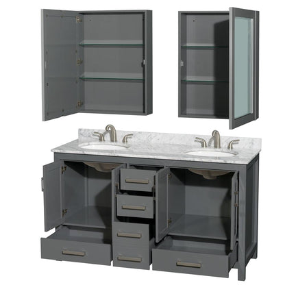 Wyndham Collection Sheffield 60" Double Bathroom Vanity in Dark Gray, White Carrara Marble Countertop, Undermount Oval Sinks, and Medicine Cabinet