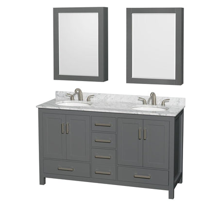 Wyndham Collection Sheffield 60" Double Bathroom Vanity in Dark Gray, White Carrara Marble Countertop, Undermount Oval Sinks, and Medicine Cabinet
