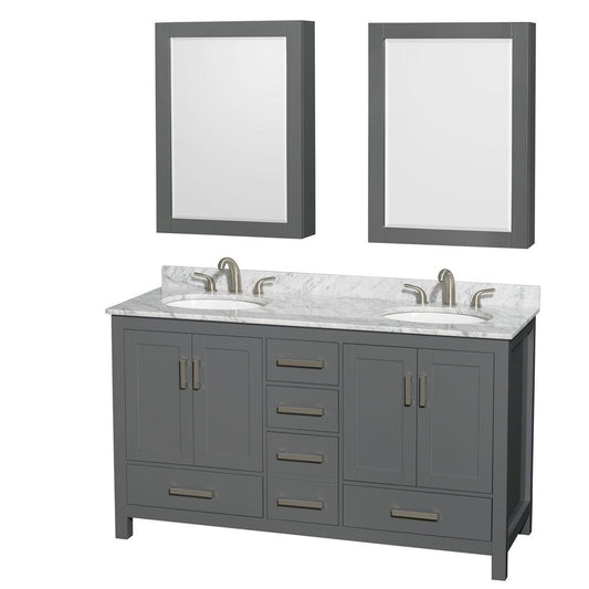 Wyndham Collection Sheffield 60" Double Bathroom Vanity in Dark Gray, White Carrara Marble Countertop, Undermount Oval Sinks, and Medicine Cabinet