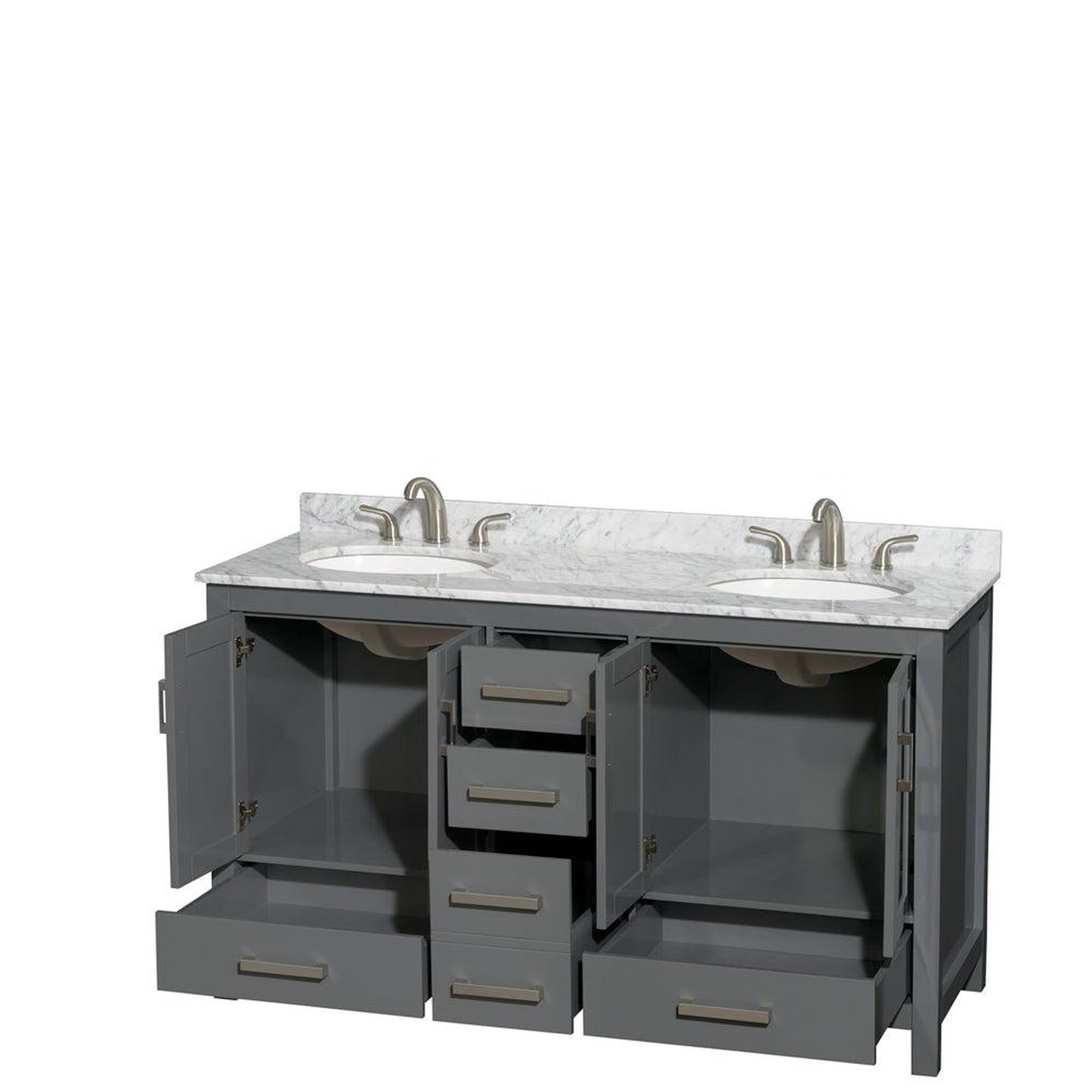 Wyndham Collection Sheffield 60" Double Bathroom Vanity in Dark Gray, White Carrara Marble Countertop, Undermount Oval Sinks, and No Mirror