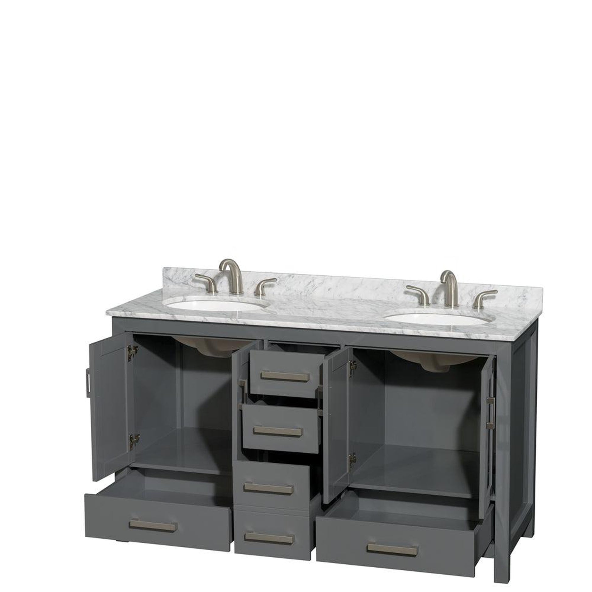 Wyndham Collection Sheffield 60" Double Bathroom Vanity in Dark Gray, White Carrara Marble Countertop, Undermount Oval Sinks, and No Mirror