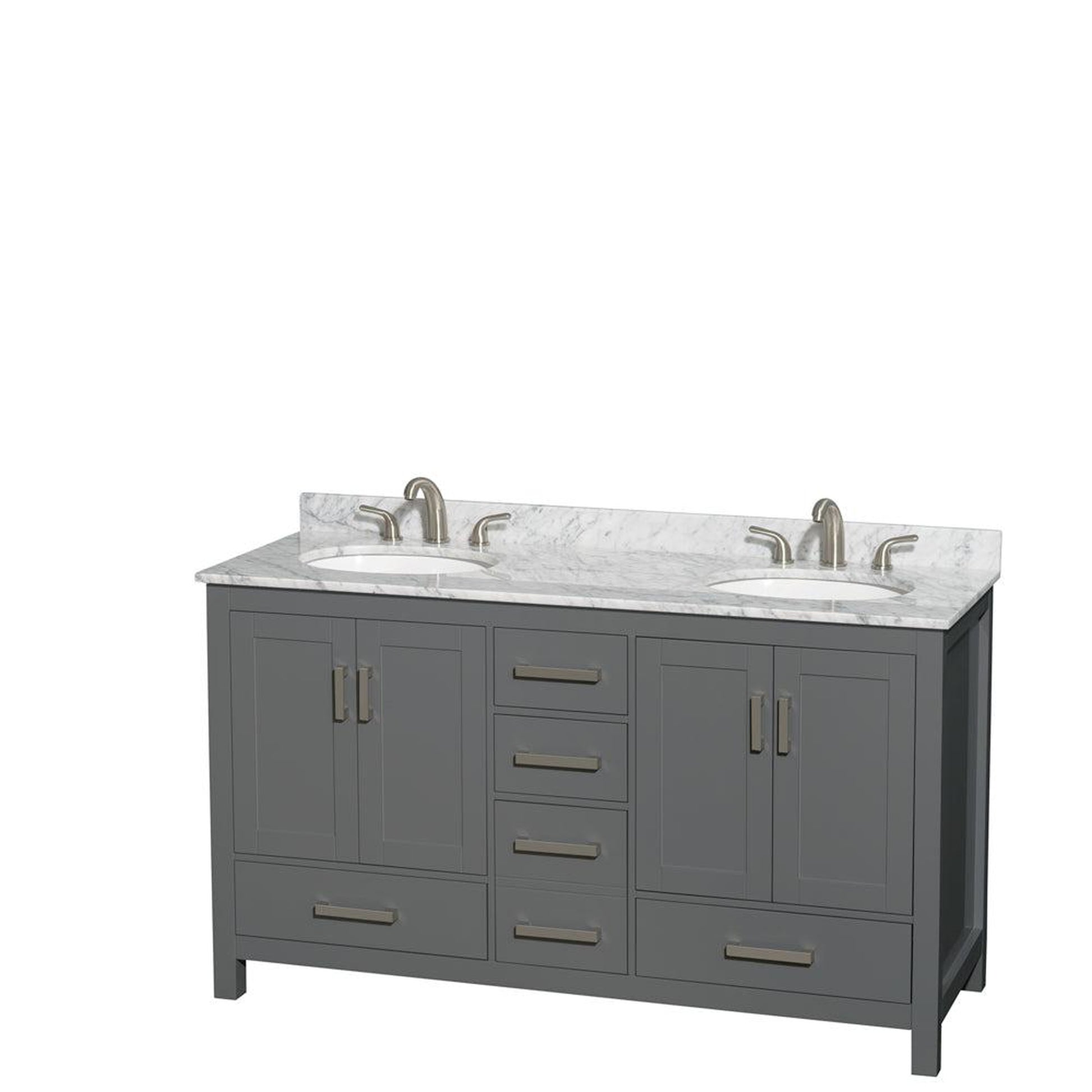 Wyndham Collection Sheffield 60" Double Bathroom Vanity in Dark Gray, White Carrara Marble Countertop, Undermount Oval Sinks, and No Mirror