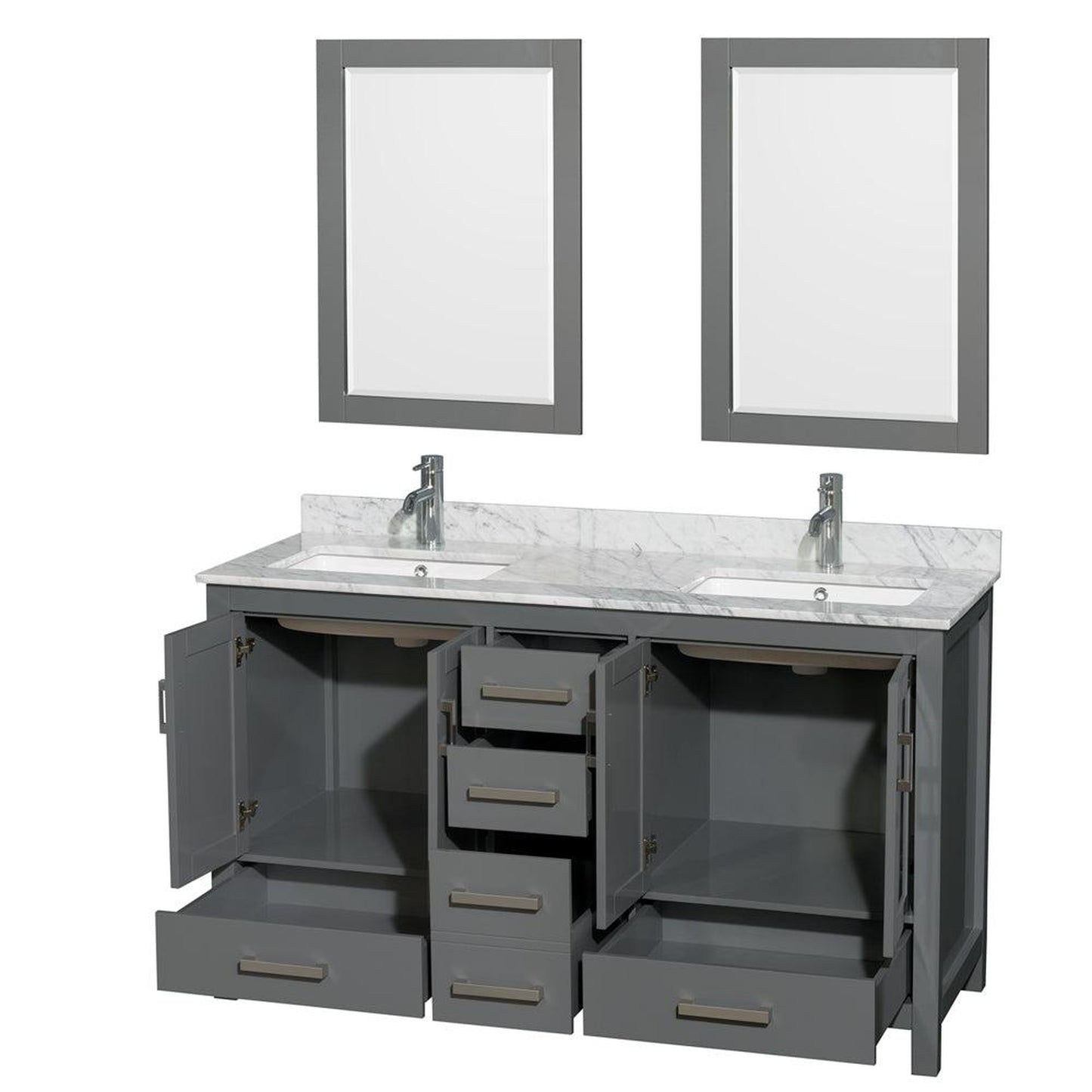 Wyndham Collection Sheffield 60" Double Bathroom Vanity in Dark Gray, White Carrara Marble Countertop, Undermount Square Sinks, and 24" Mirror