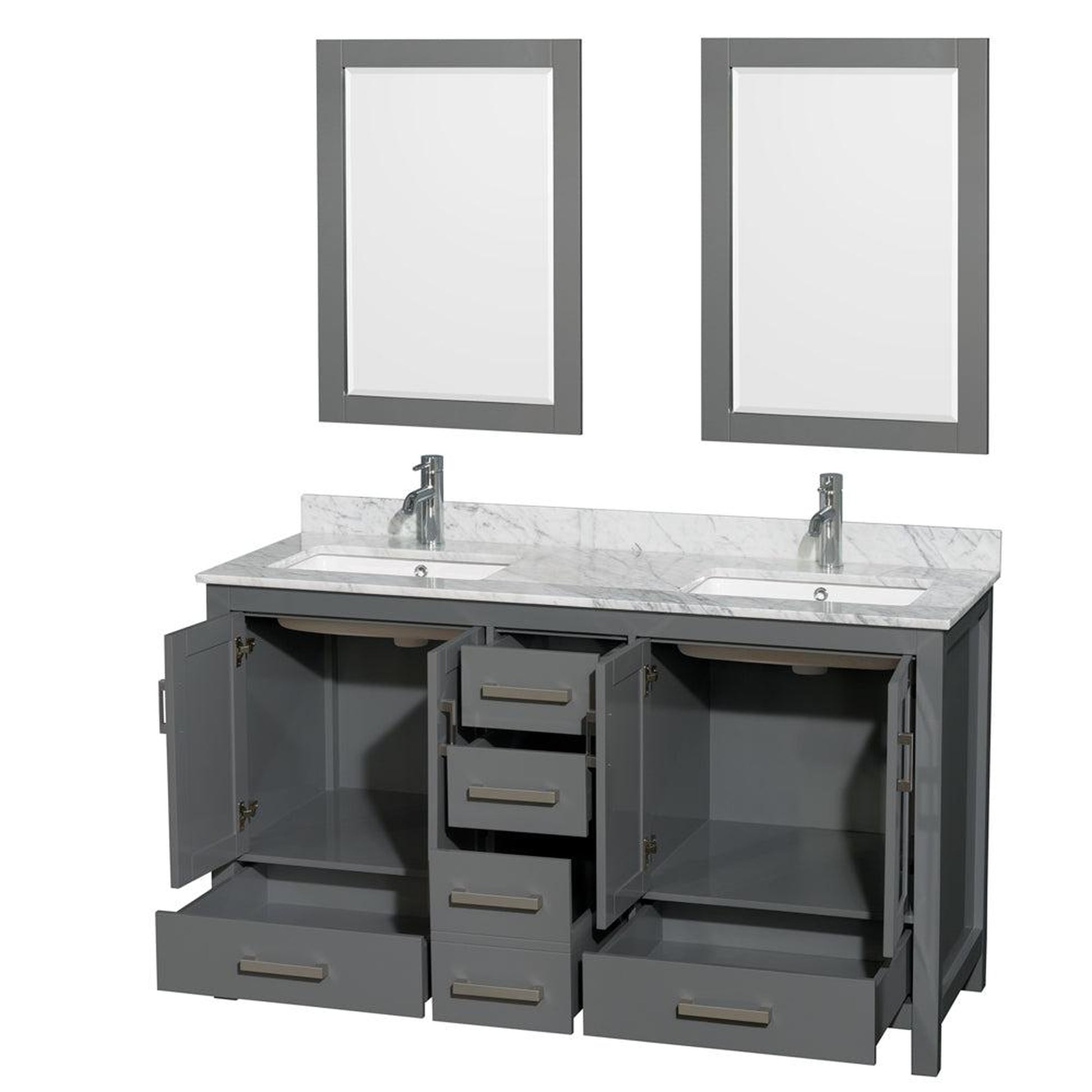 Wyndham Collection Sheffield 60" Double Bathroom Vanity in Dark Gray, White Carrara Marble Countertop, Undermount Square Sinks, and 24" Mirror