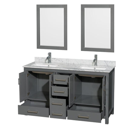 Wyndham Collection Sheffield 60" Double Bathroom Vanity in Dark Gray, White Carrara Marble Countertop, Undermount Square Sinks, and 24" Mirror