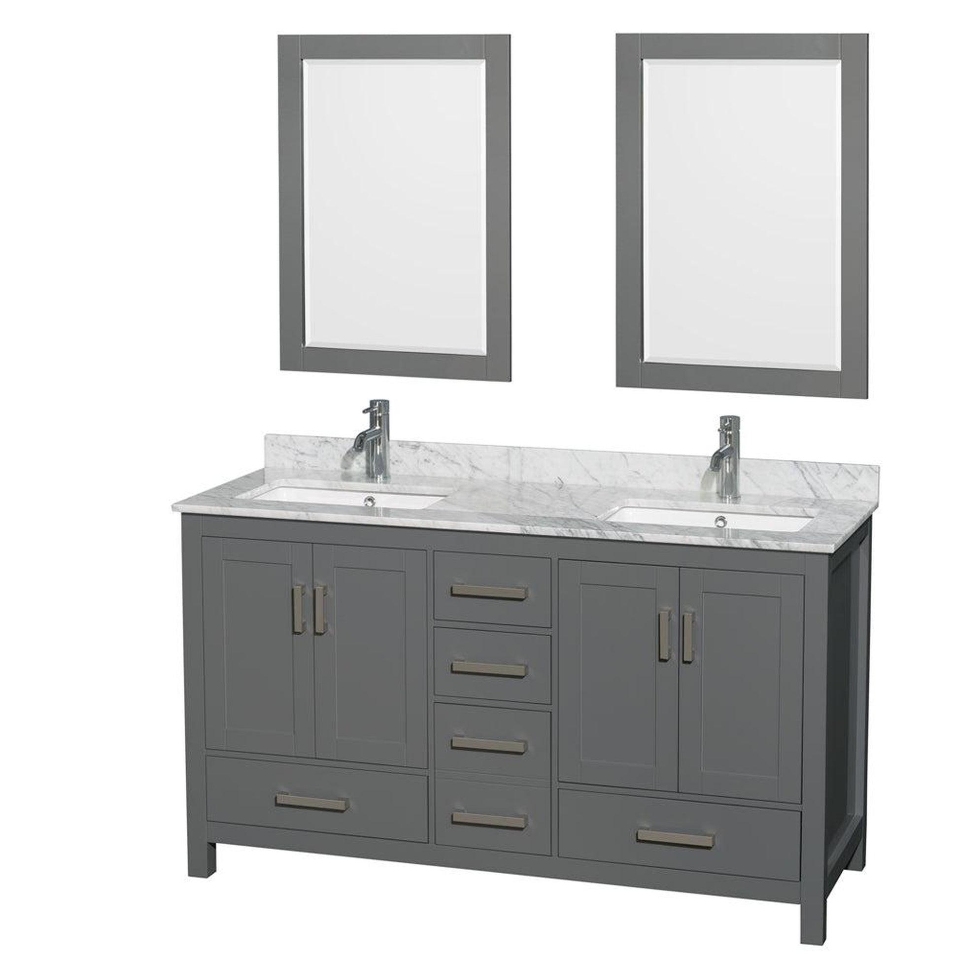 Wyndham Collection Sheffield 60" Double Bathroom Vanity in Dark Gray, White Carrara Marble Countertop, Undermount Square Sinks, and 24" Mirror