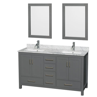 Wyndham Collection Sheffield 60" Double Bathroom Vanity in Dark Gray, White Carrara Marble Countertop, Undermount Square Sinks, and 24" Mirror