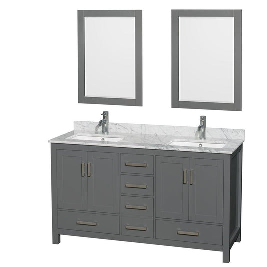 Wyndham Collection Sheffield 60" Double Bathroom Vanity in Dark Gray, White Carrara Marble Countertop, Undermount Square Sinks, and 24" Mirror