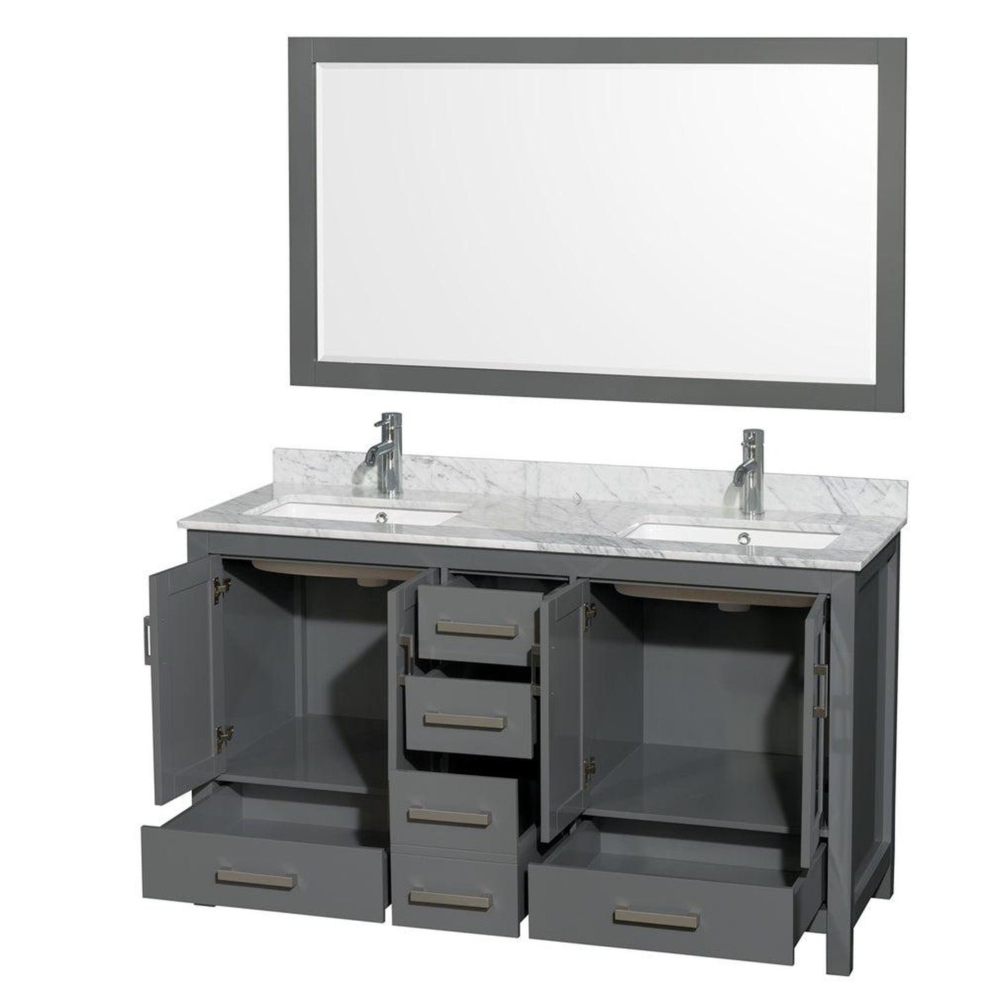 Wyndham Collection Sheffield 60" Double Bathroom Vanity in Dark Gray, White Carrara Marble Countertop, Undermount Square Sinks, and 58" Mirror