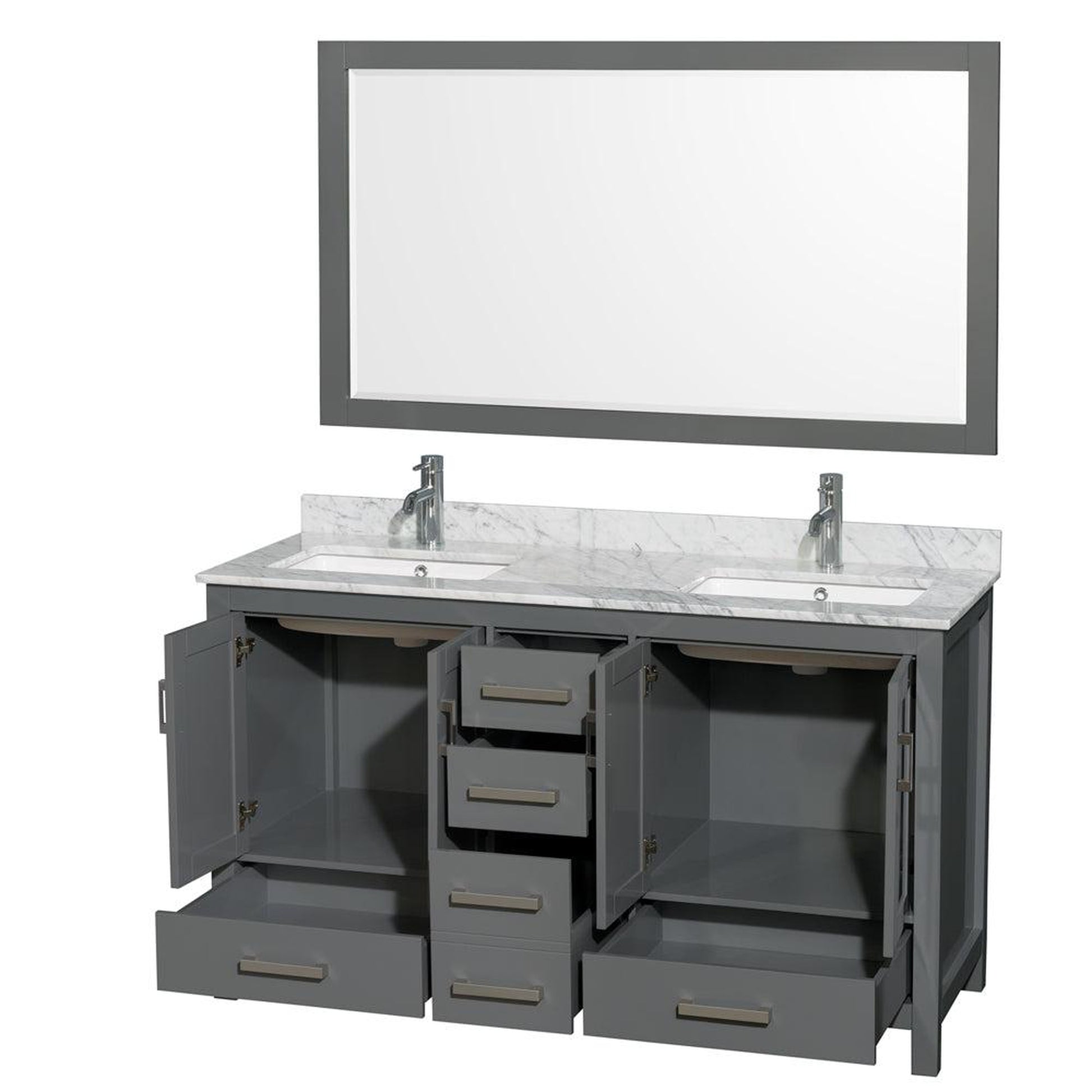 Wyndham Collection Sheffield 60" Double Bathroom Vanity in Dark Gray, White Carrara Marble Countertop, Undermount Square Sinks, and 58" Mirror