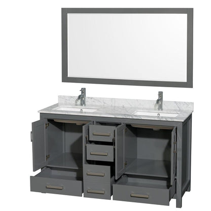 Wyndham Collection Sheffield 60" Double Bathroom Vanity in Dark Gray, White Carrara Marble Countertop, Undermount Square Sinks, and 58" Mirror