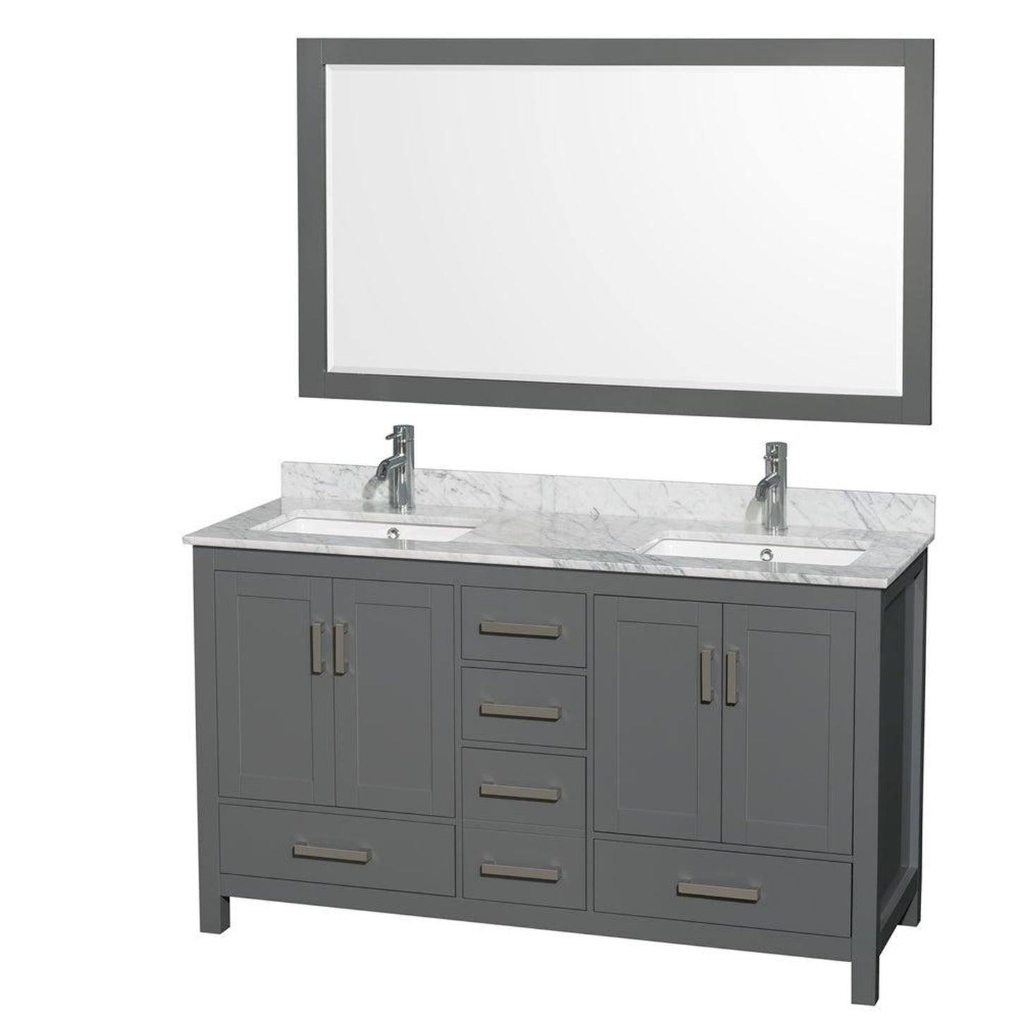 Wyndham Collection Sheffield 60" Double Bathroom Vanity in Dark Gray, White Carrara Marble Countertop, Undermount Square Sinks, and 58" Mirror