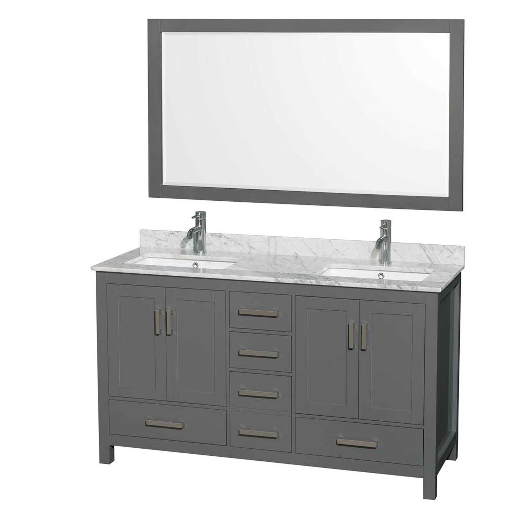 Wyndham Collection Sheffield 60" Double Bathroom Vanity in Dark Gray, White Carrara Marble Countertop, Undermount Square Sinks, and 58" Mirror