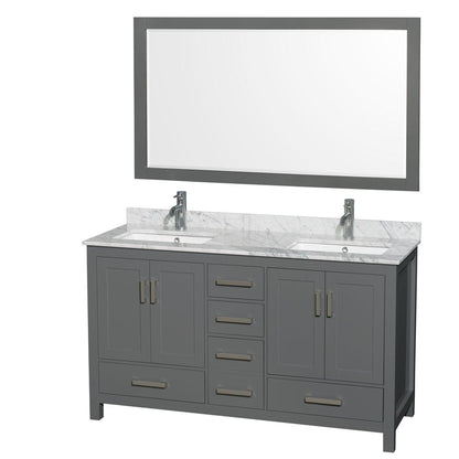 Wyndham Collection Sheffield 60" Double Bathroom Vanity in Dark Gray, White Carrara Marble Countertop, Undermount Square Sinks, and 58" Mirror