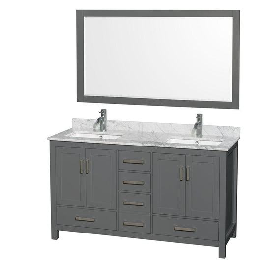 Wyndham Collection Sheffield 60" Double Bathroom Vanity in Dark Gray, White Carrara Marble Countertop, Undermount Square Sinks, and 58" Mirror