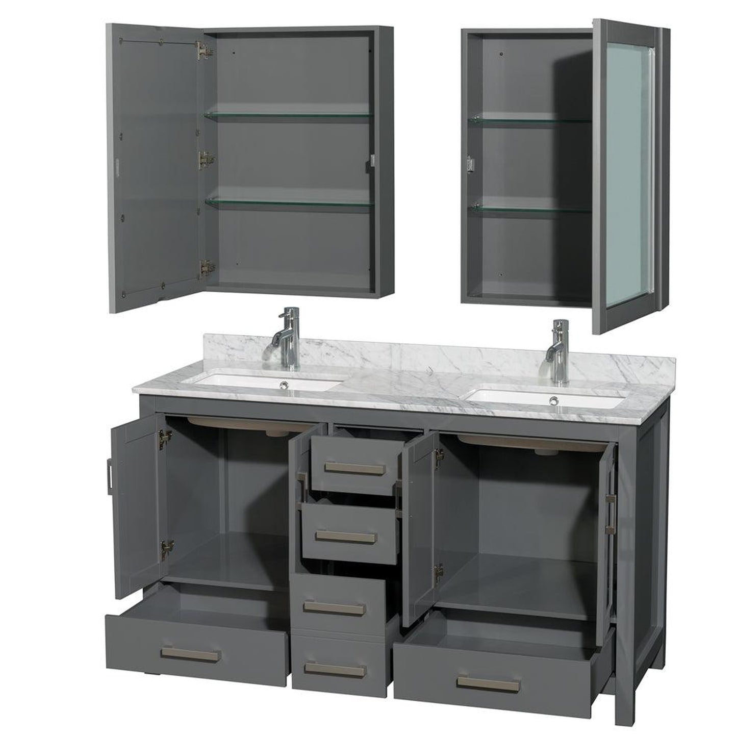 Wyndham Collection Sheffield 60" Double Bathroom Vanity in Dark Gray, White Carrara Marble Countertop, Undermount Square Sinks, and Medicine Cabinet