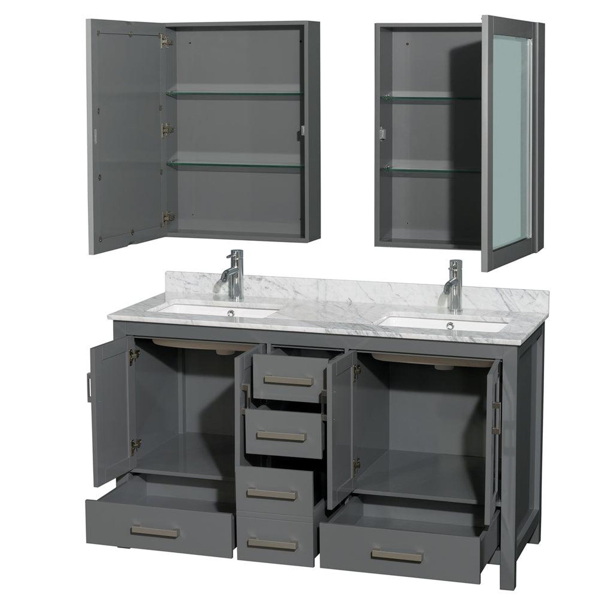 Wyndham Collection Sheffield 60" Double Bathroom Vanity in Dark Gray, White Carrara Marble Countertop, Undermount Square Sinks, and Medicine Cabinet