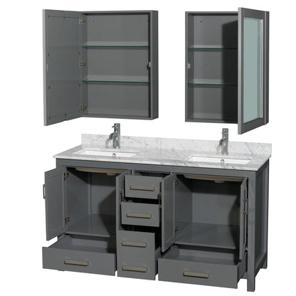 Wyndham Collection Sheffield 60" Double Bathroom Vanity in Dark Gray, White Carrara Marble Countertop, Undermount Square Sinks, and Medicine Cabinet