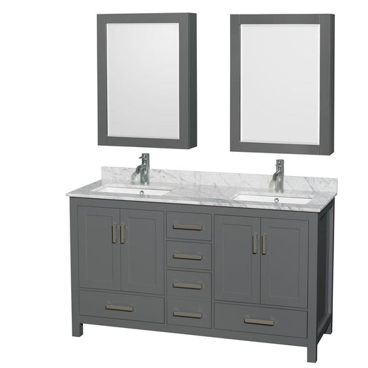 Wyndham Collection Sheffield 60" Double Bathroom Vanity in Dark Gray, White Carrara Marble Countertop, Undermount Square Sinks, and Medicine Cabinet