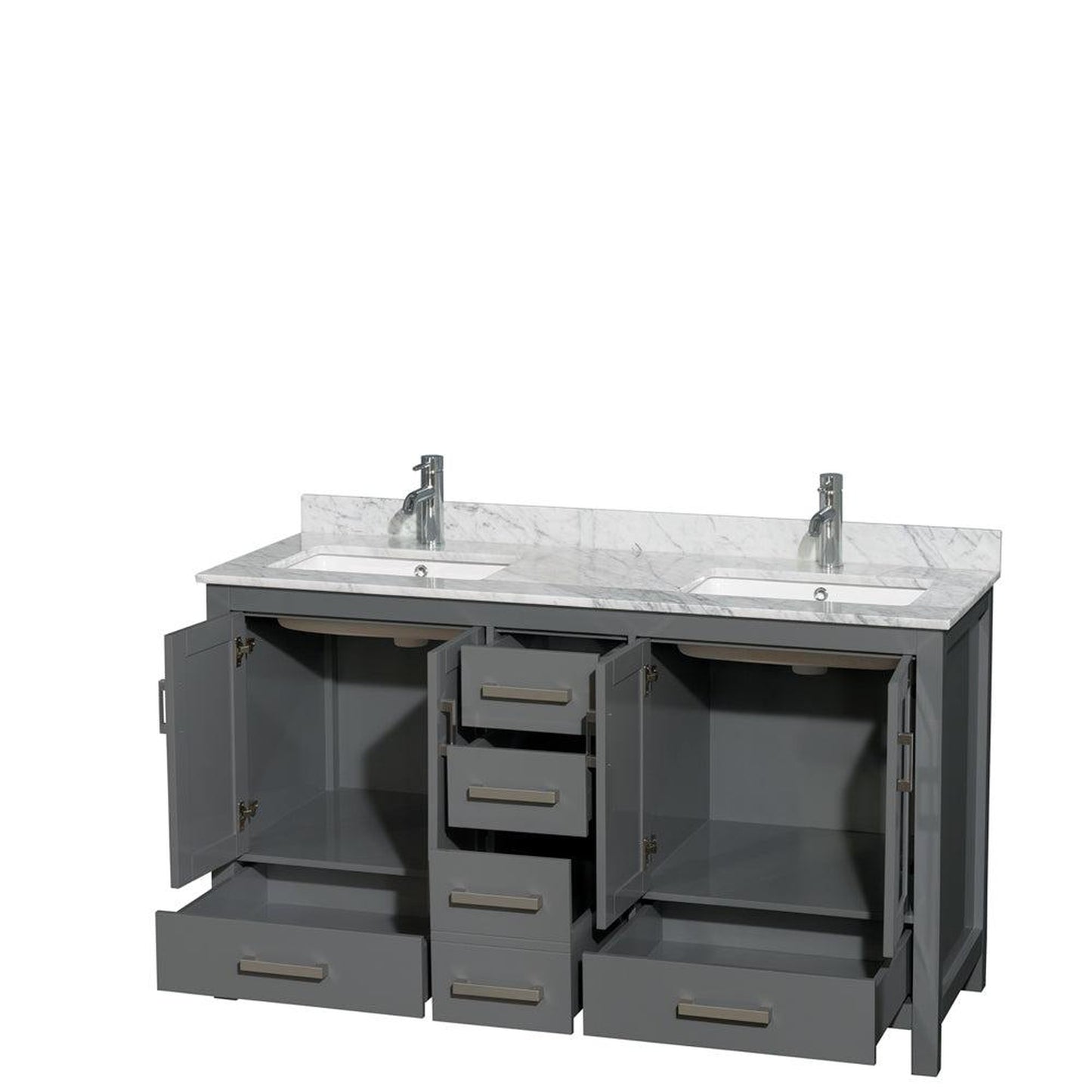 Wyndham Collection Sheffield 60" Double Bathroom Vanity in Dark Gray, White Carrara Marble Countertop, Undermount Square Sinks, and No Mirror