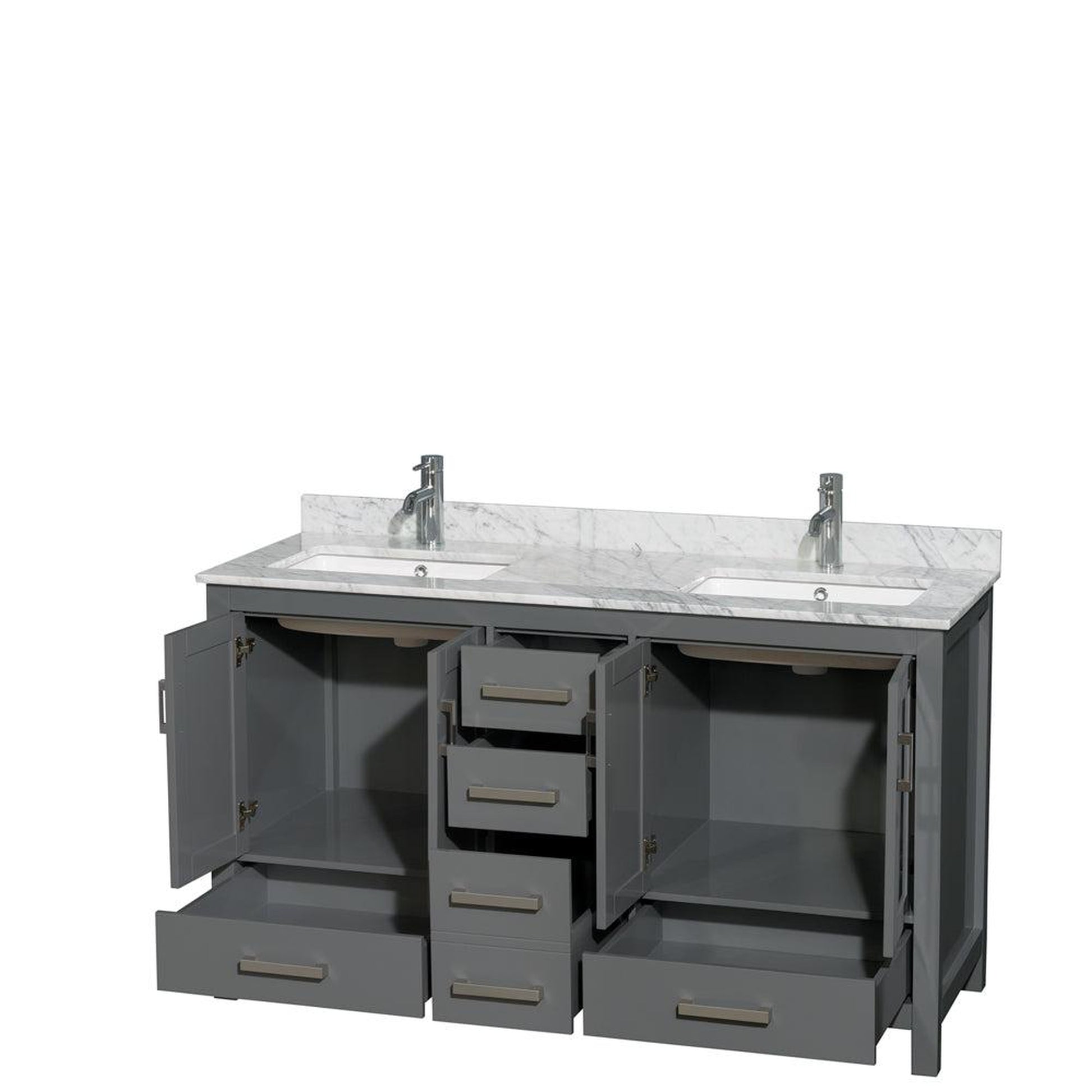 Wyndham Collection Sheffield 60" Double Bathroom Vanity in Dark Gray, White Carrara Marble Countertop, Undermount Square Sinks, and No Mirror
