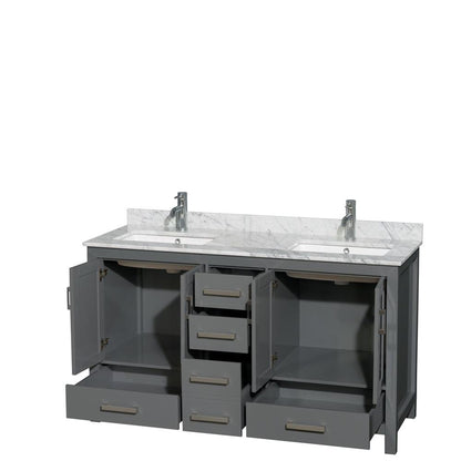 Wyndham Collection Sheffield 60" Double Bathroom Vanity in Dark Gray, White Carrara Marble Countertop, Undermount Square Sinks, and No Mirror