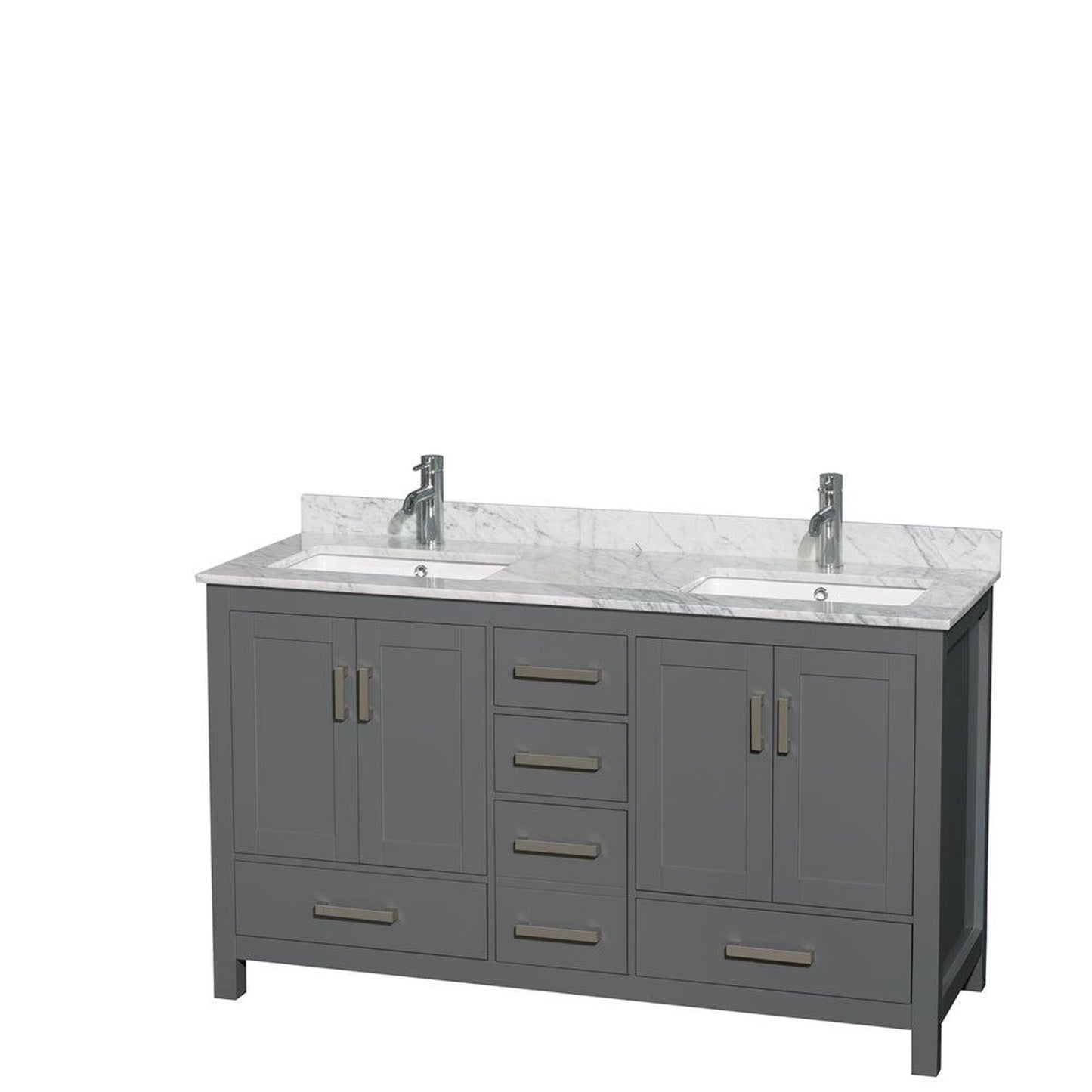 Wyndham Collection Sheffield 60" Double Bathroom Vanity in Dark Gray, White Carrara Marble Countertop, Undermount Square Sinks, and No Mirror