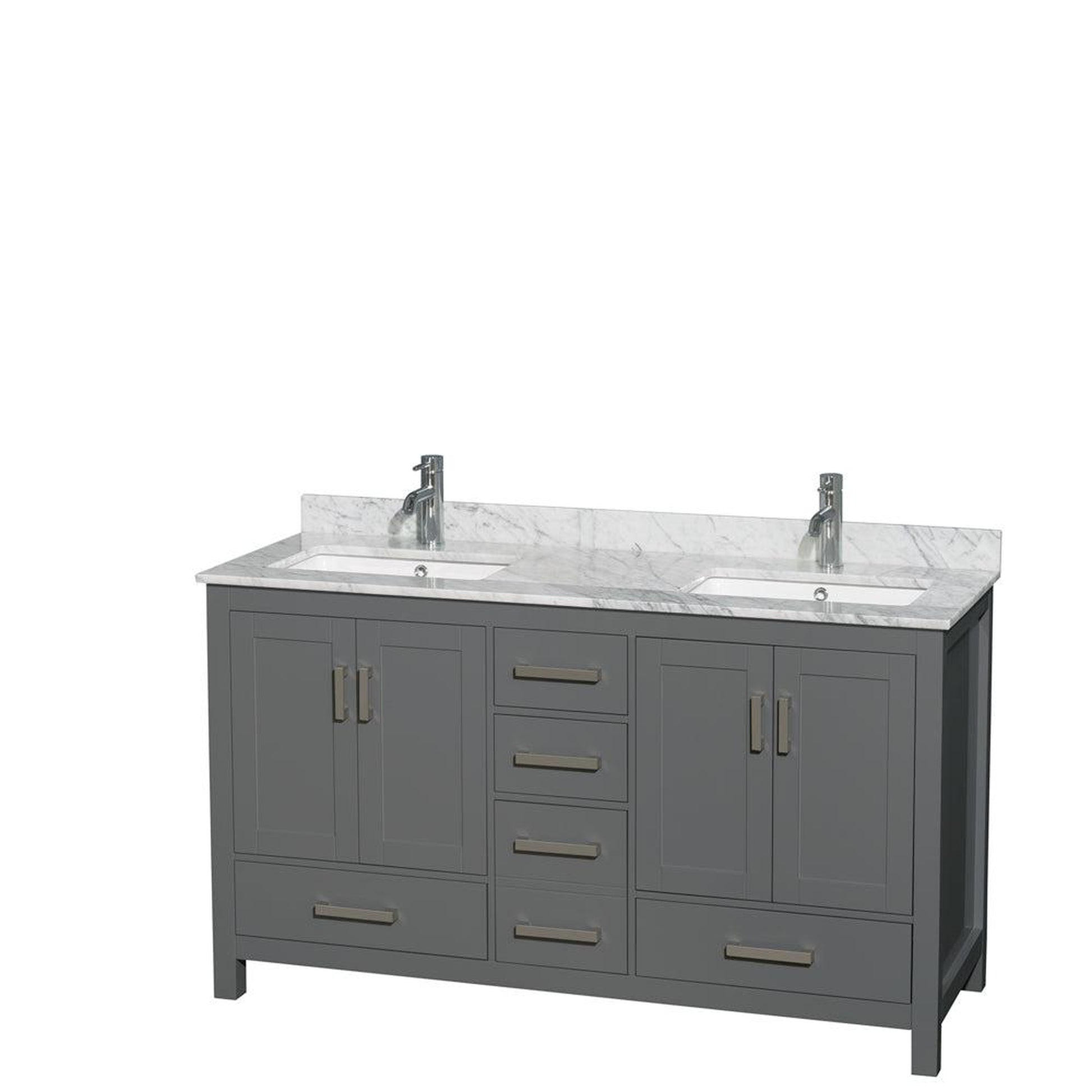 Wyndham Collection Sheffield 60" Double Bathroom Vanity in Dark Gray, White Carrara Marble Countertop, Undermount Square Sinks, and No Mirror
