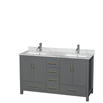 Wyndham Collection Sheffield 60" Double Bathroom Vanity in Dark Gray, White Carrara Marble Countertop, Undermount Square Sinks, and No Mirror