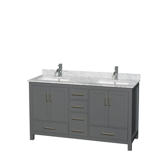 Wyndham Collection Sheffield 60" Double Bathroom Vanity in Dark Gray, White Carrara Marble Countertop, Undermount Square Sinks, and No Mirror