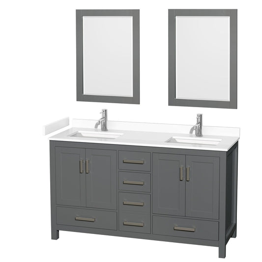Wyndham Collection Sheffield 60" Double Bathroom Vanity in Dark Gray, White Cultured Marble Countertop, Undermount Square Sinks, 24" Mirror