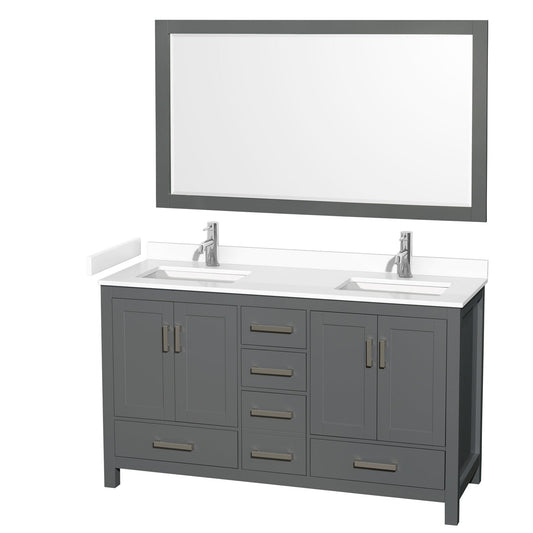 Wyndham Collection Sheffield 60" Double Bathroom Vanity in Dark Gray, White Cultured Marble Countertop, Undermount Square Sinks, 58" Mirror