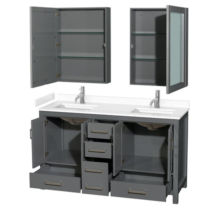 Wyndham Collection Sheffield 60" Double Bathroom Vanity in Dark Gray, White Cultured Marble Countertop, Undermount Square Sinks, Medicine Cabinet