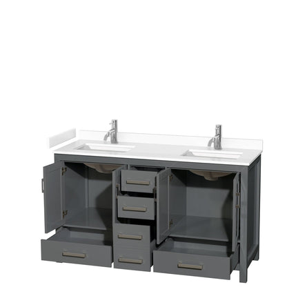 Wyndham Collection Sheffield 60" Double Bathroom Vanity in Dark Gray, White Cultured Marble Countertop, Undermount Square Sinks, No Mirror