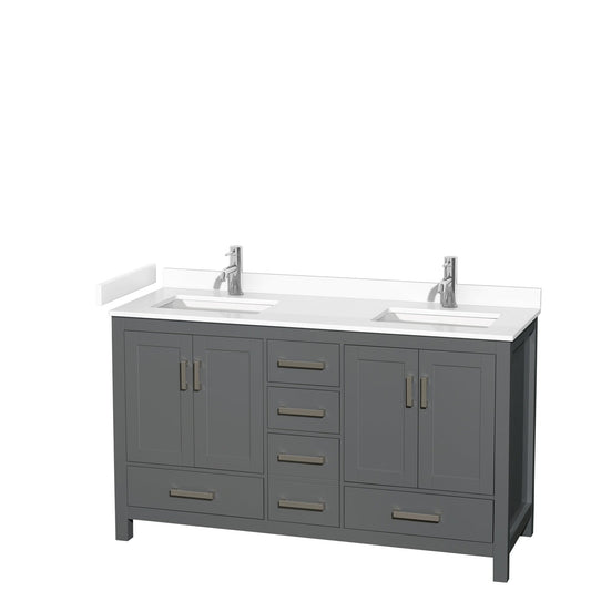 Wyndham Collection Sheffield 60" Double Bathroom Vanity in Dark Gray, White Cultured Marble Countertop, Undermount Square Sinks, No Mirror