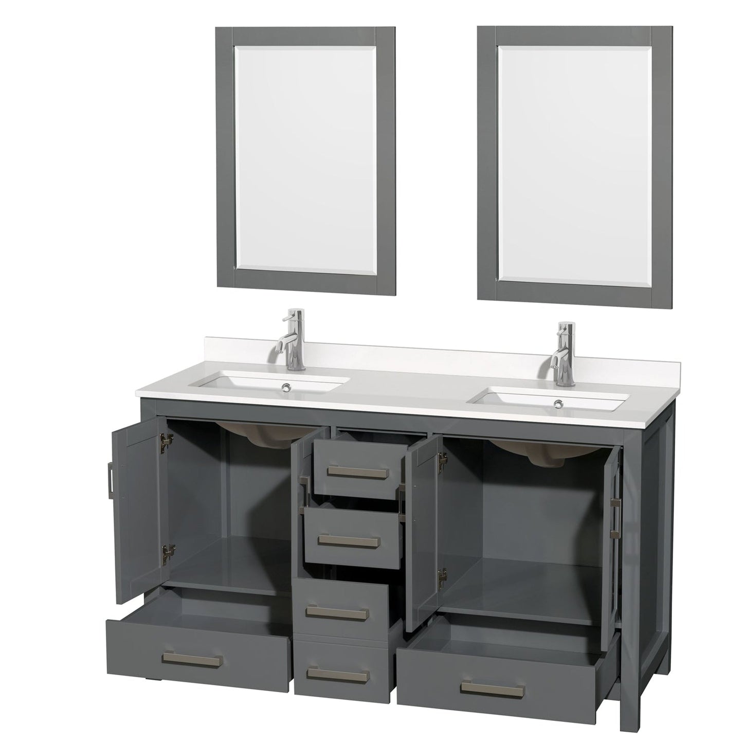 Wyndham Collection Sheffield 60" Double Bathroom Vanity in Dark Gray, White Quartz Countertop, Undermount Square Sinks, 24" Mirror