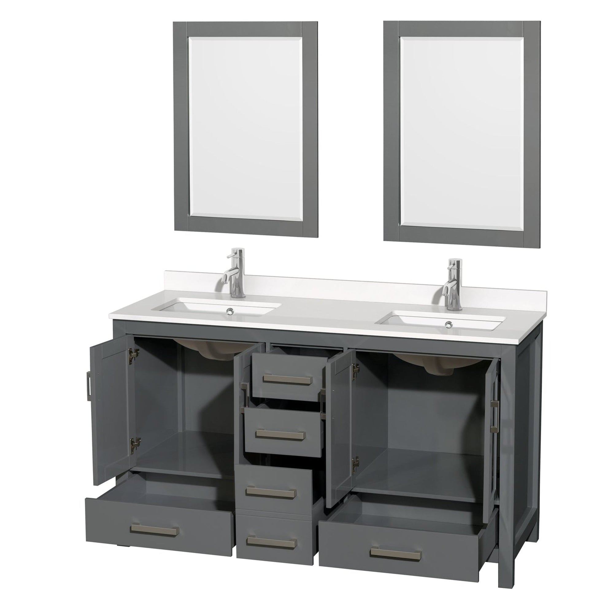 Wyndham Collection Sheffield 60" Double Bathroom Vanity in Dark Gray, White Quartz Countertop, Undermount Square Sinks, 24" Mirror