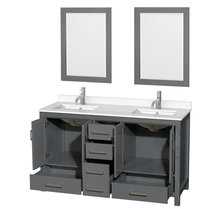 Wyndham Collection Sheffield 60" Double Bathroom Vanity in Dark Gray, White Quartz Countertop, Undermount Square Sinks, 24" Mirror