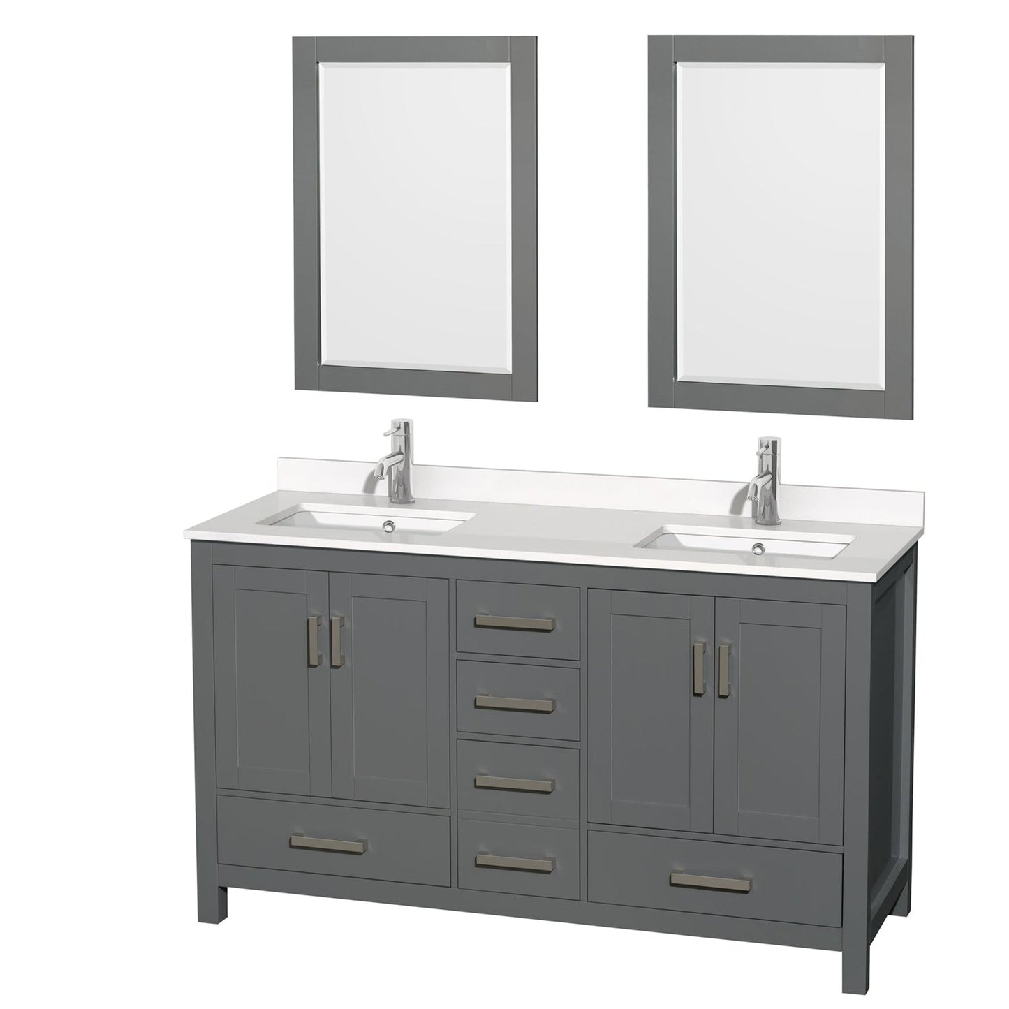 Wyndham Collection Sheffield 60" Double Bathroom Vanity in Dark Gray, White Quartz Countertop, Undermount Square Sinks, 24" Mirror