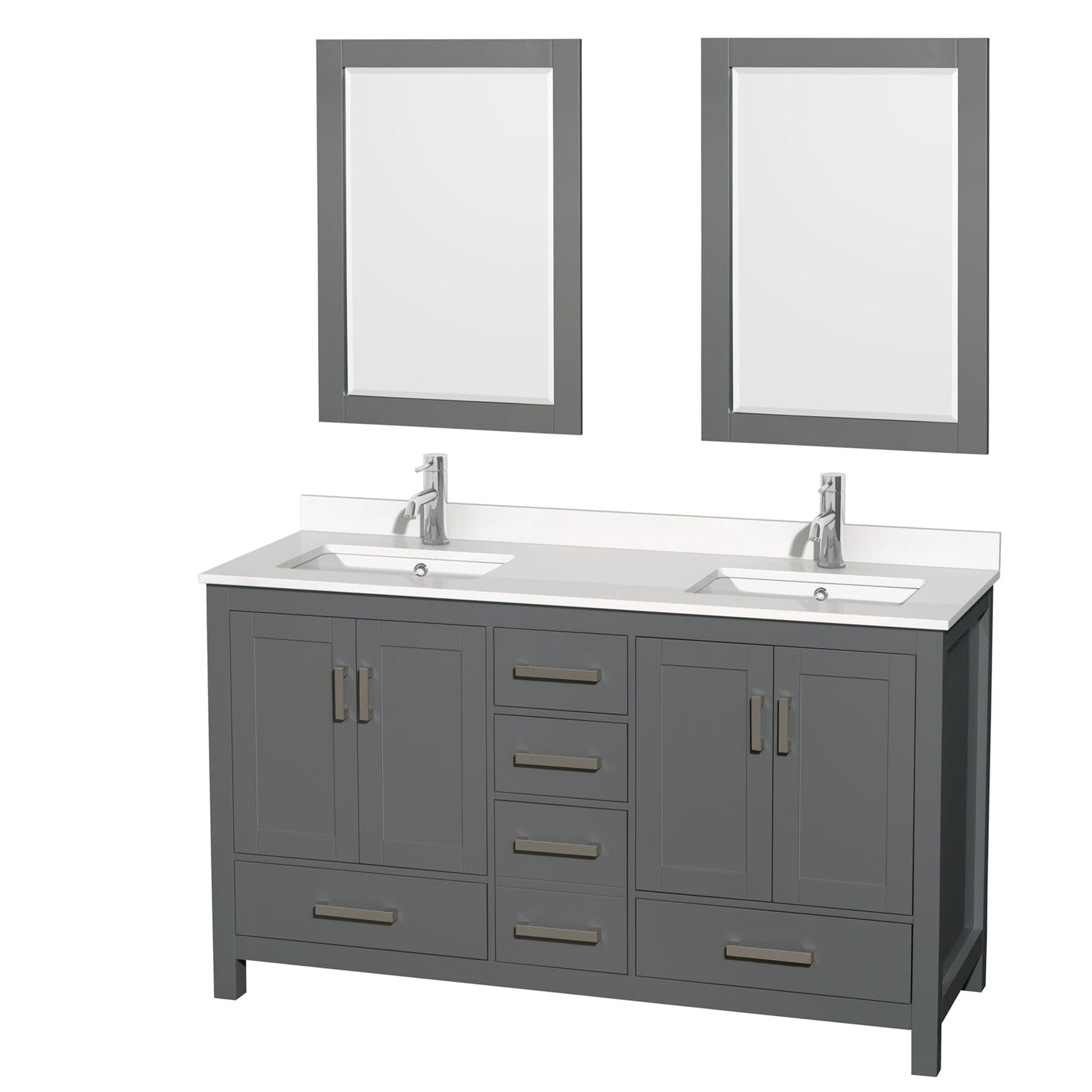 Wyndham Collection Sheffield 60" Double Bathroom Vanity in Dark Gray, White Quartz Countertop, Undermount Square Sinks, 24" Mirror