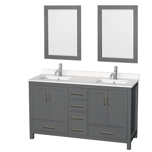 Wyndham Collection Sheffield 60" Double Bathroom Vanity in Dark Gray, White Quartz Countertop, Undermount Square Sinks, 24" Mirror