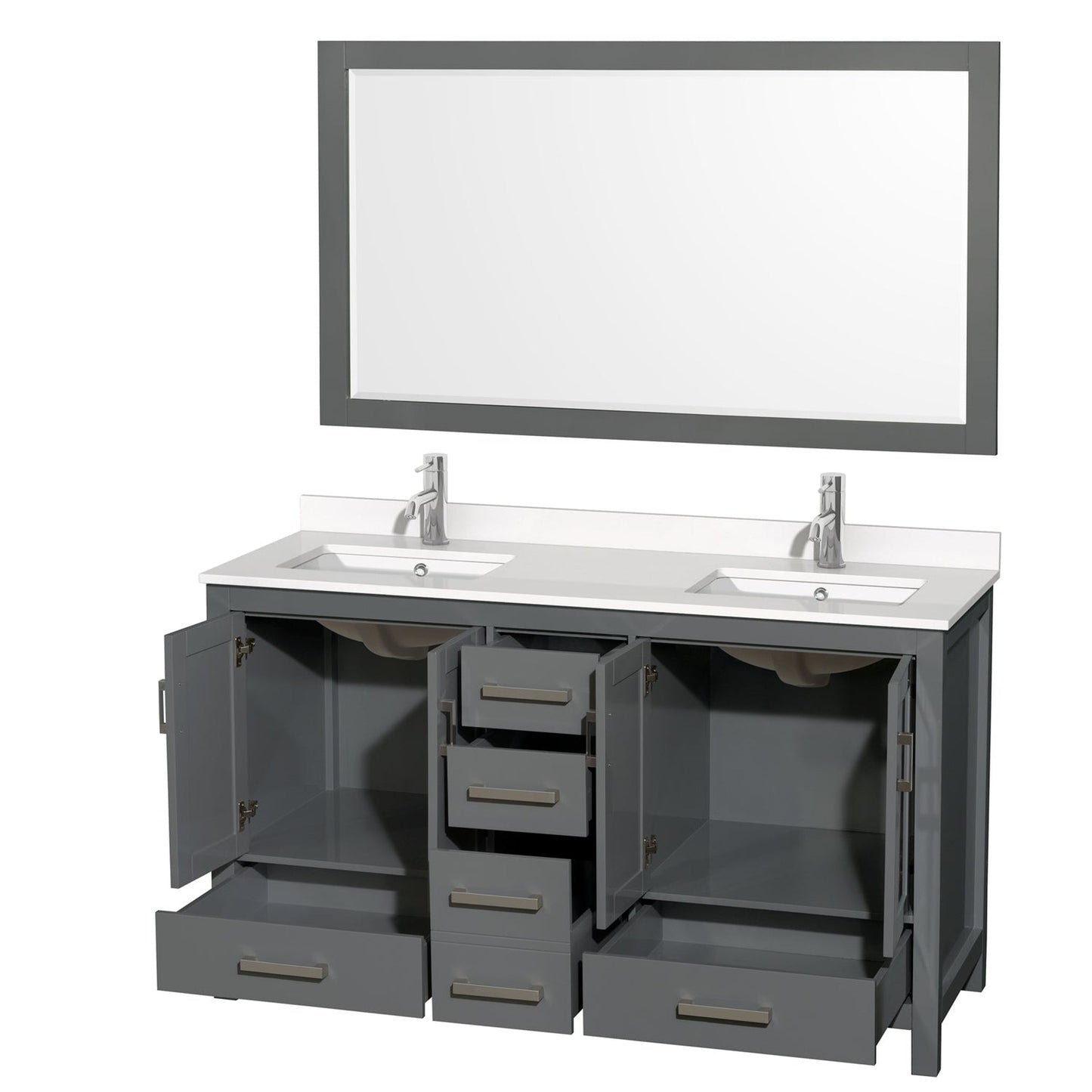 Wyndham Collection Sheffield 60" Double Bathroom Vanity in Dark Gray, White Quartz Countertop, Undermount Square Sinks, 58" Mirror