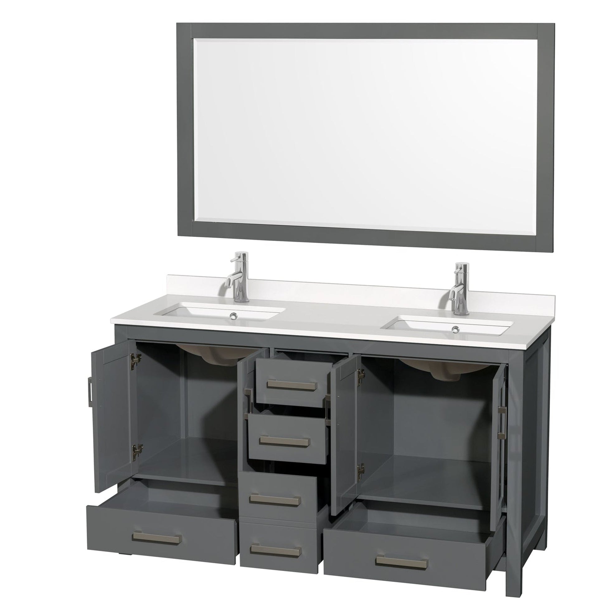 Wyndham Collection Sheffield 60" Double Bathroom Vanity in Dark Gray, White Quartz Countertop, Undermount Square Sinks, 58" Mirror